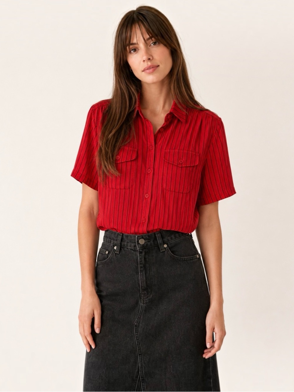 100% Silk Red Black Pinstripe Blouse Corina Chest Pockets Vintage Shirt M/ 38